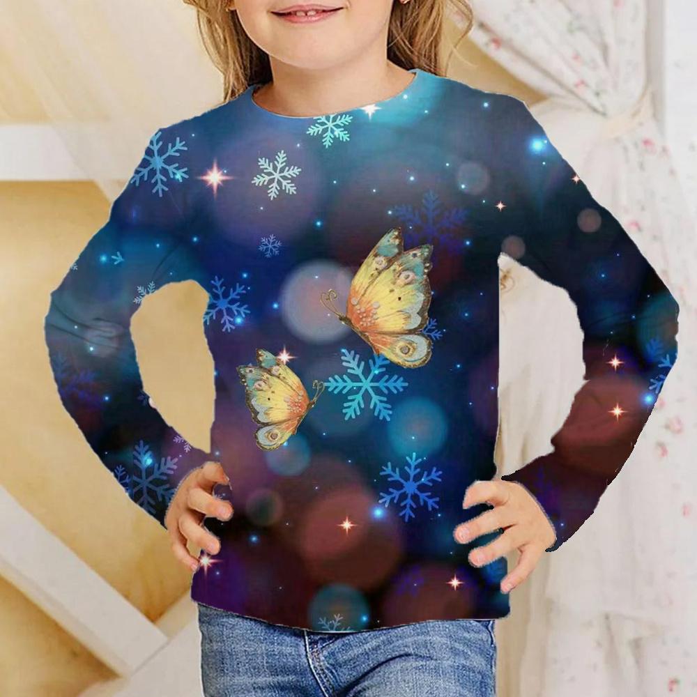 Children's Butterfly Pattern 3D Digital Printing Girl's Casual and Comfortable Round Neck Long Sleeve T-shirt