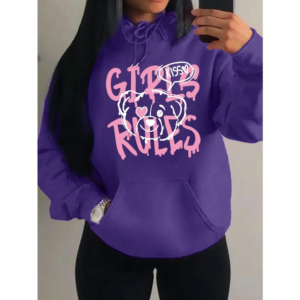 Girls Rules Pink Kiss Cartoon Love Bear Design Women Hoodies Autumn Y2K Hoody Casual Sportswear Fleece Clothes