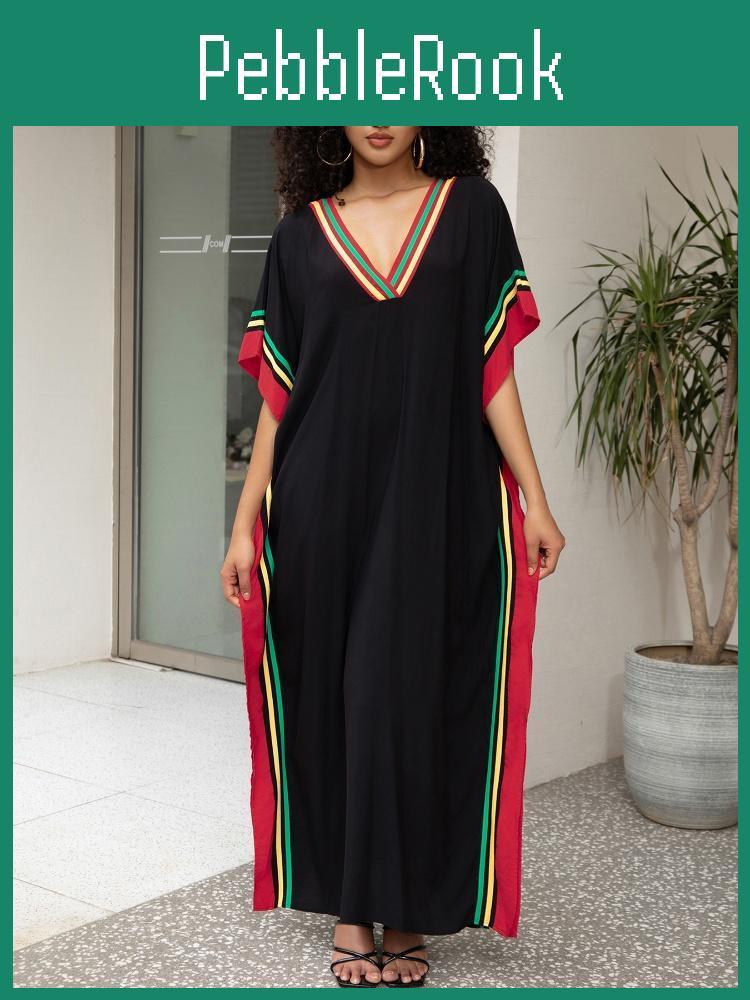 Printed Edolynsa Kaftan Black Relaxed Womens Robe Kaftan Outfit Vacation Boho Swimsuit coverup Caftan Homewear House dress Q1615