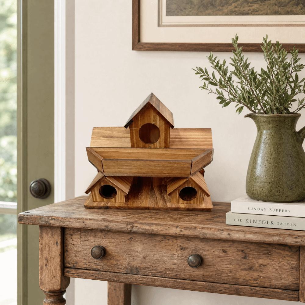 Rustic Handmade Wooden Bird House Weather Resistant Waterproof Bird Villa Nest Thickened 3 Chambers Bird Breeding Box Courtyard
