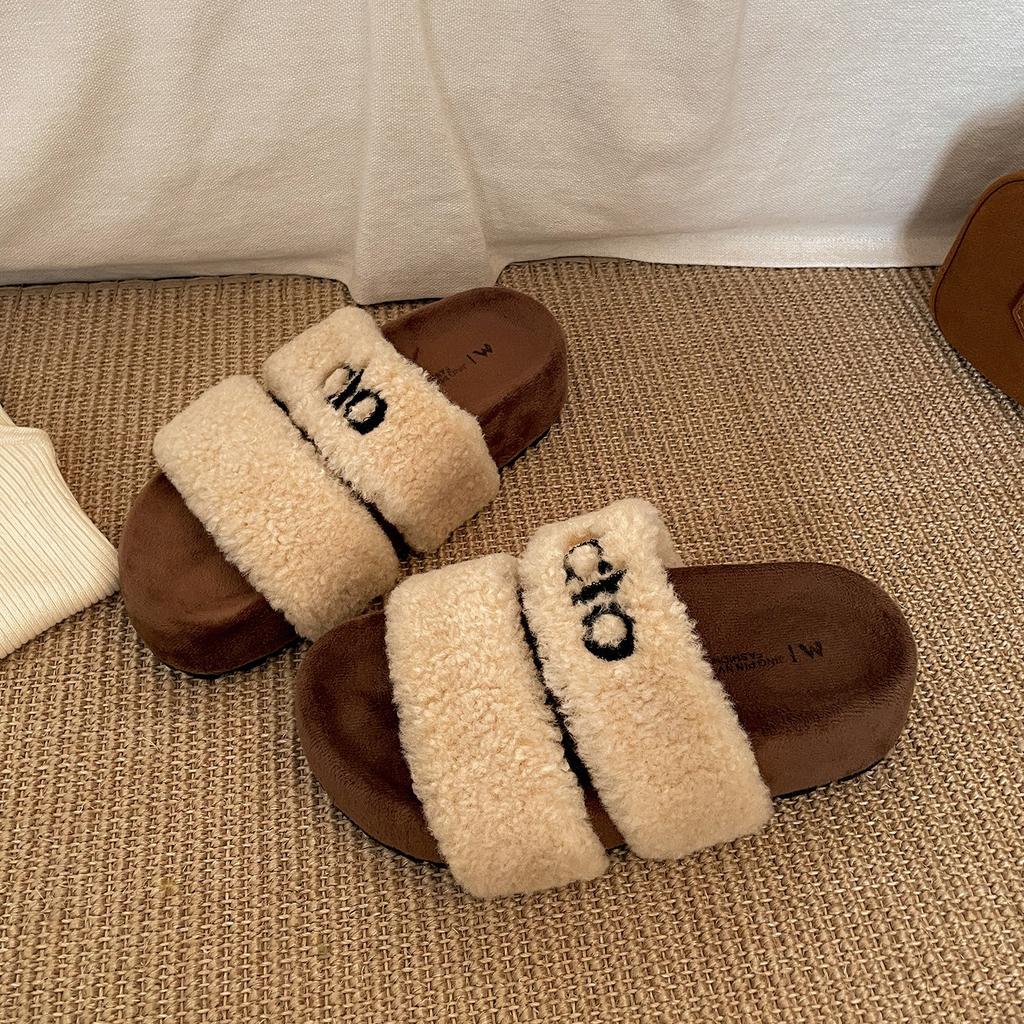 Retro black French thick-soled one-word fluffy slippers for women's outer wear 2025 new autumn heightening soft-soled cotton slippers