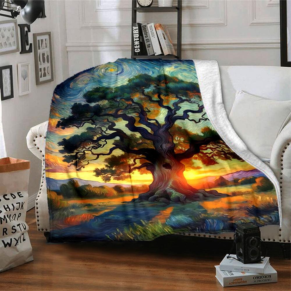 1pc Tree Sunset Pattern Blanket, Lightweight Flannel Throw Blanket for Sofa, Bed, Travel, Camping, Living Room, Office, Couch026