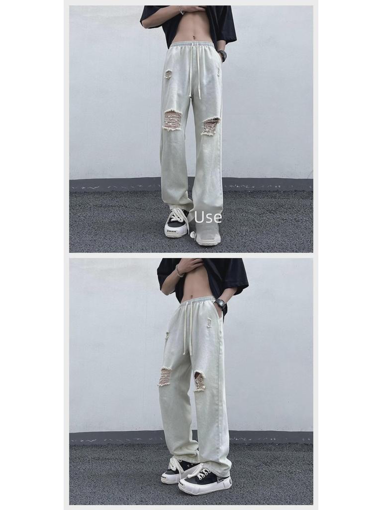 Men's Summer Korean Straight Casual Pants - Retro American Style Ripped Jeans
