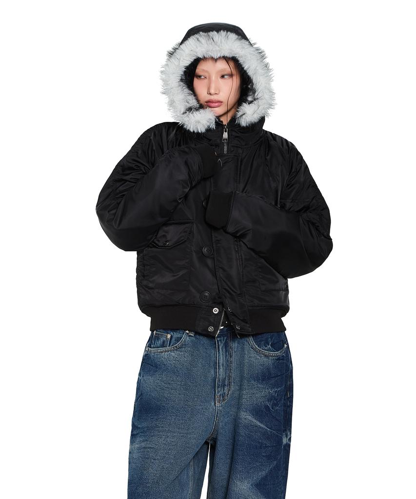 Aakam Hooded Fur Ma-1 Jacket (Black)
