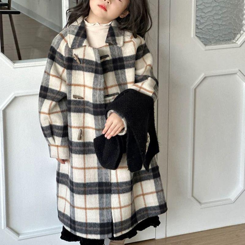 2025 Mädchen Koreanischer Stil Karierter Wollmantel - Mittellang Herbst/Winter Modetrend