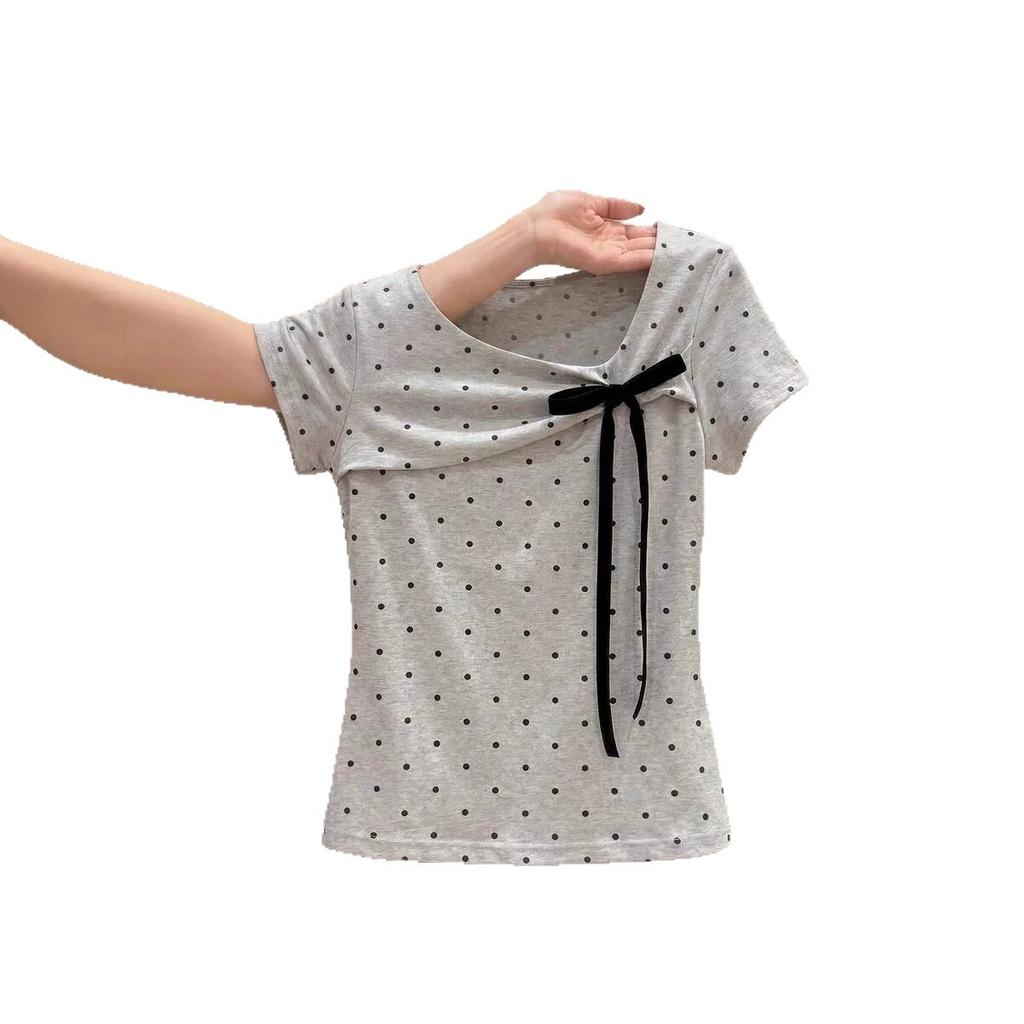 Pure cotton, Korean polka dot bow diagonal neck short-sleeved T-shirt women's summer slim-fitting and thin short Spice Girl top