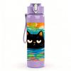 1PC Color Block Black Cat Canvas 750ml Color Plastic Sports Water Bottle Leakproof Flip Straw Lid Suitable for Sports Office Home Use