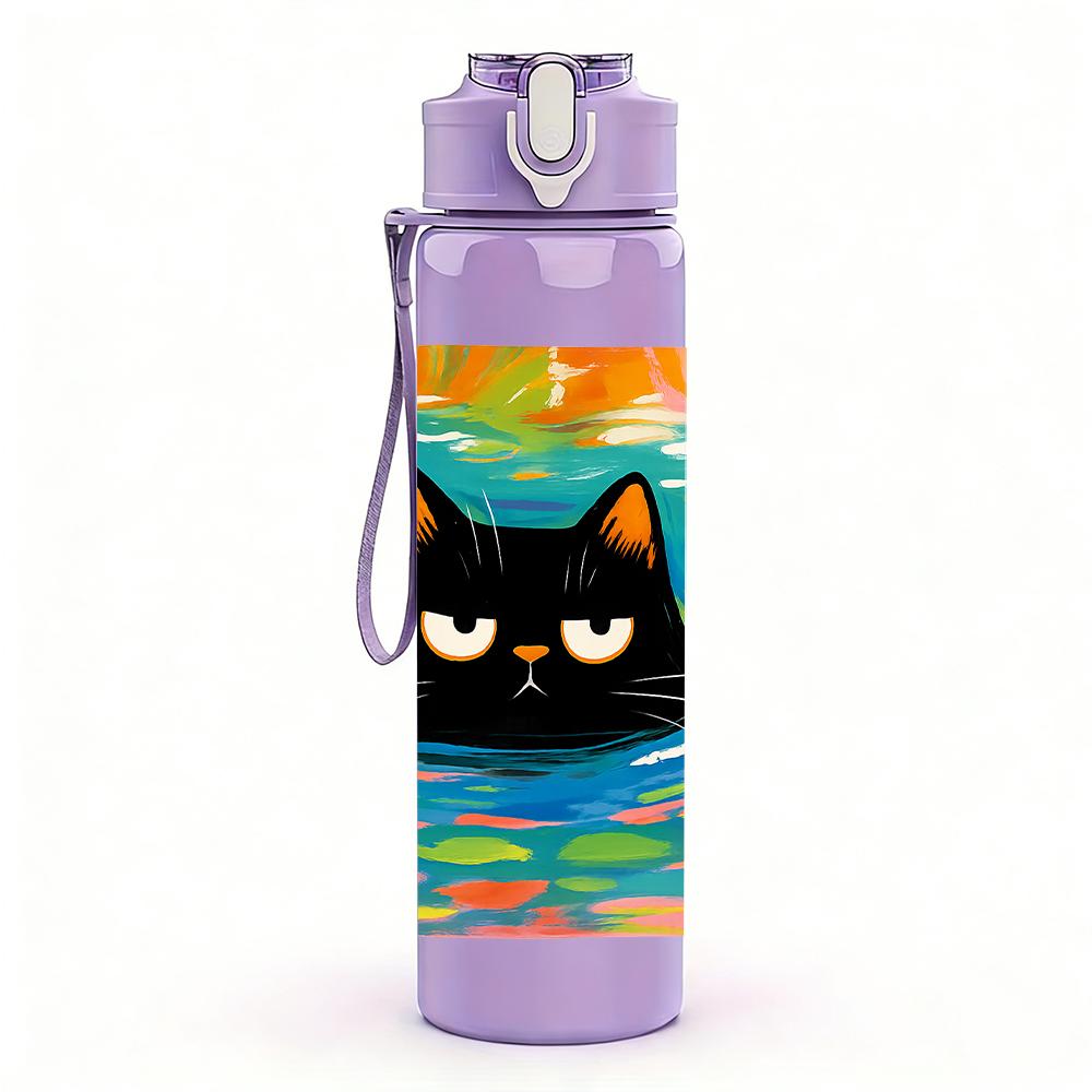 1PC Color Block Black Cat Canvas 750ml Color Plastic Sports Water Bottle Leakproof Flip Straw Lid Suitable for Sports Office Home Use