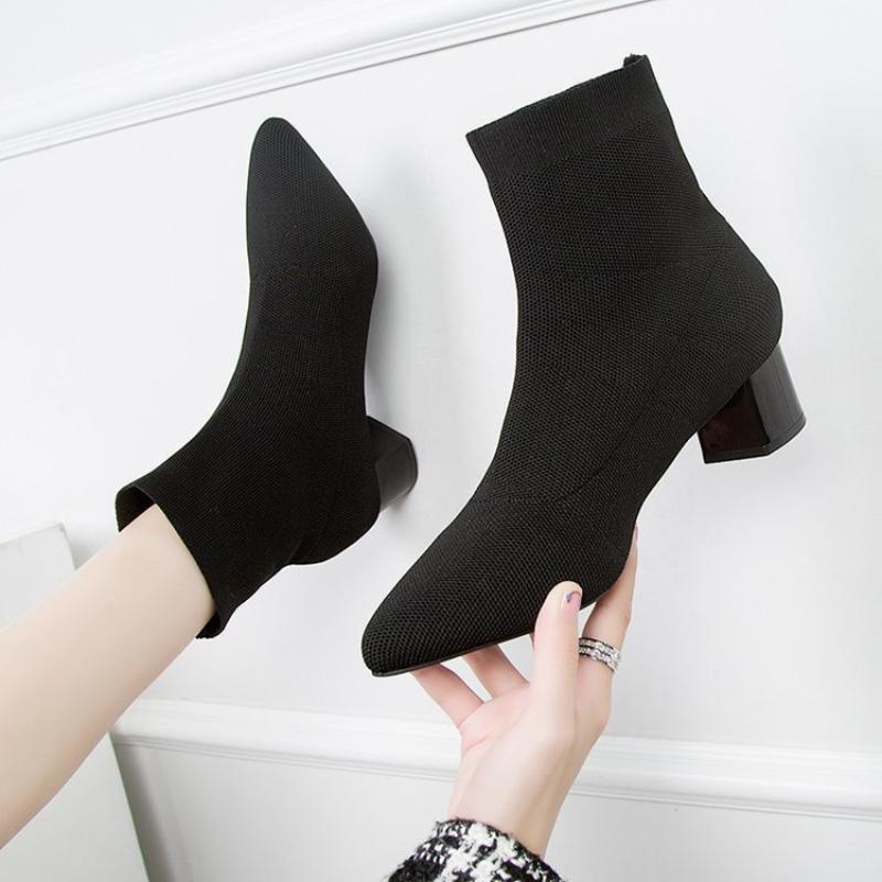 Pointed Toe Ankle Boots Autumn Women's Korean Style Fashion Solid Color Elastic Sock Boots Thick Heel High Heels Botas Femeninas
