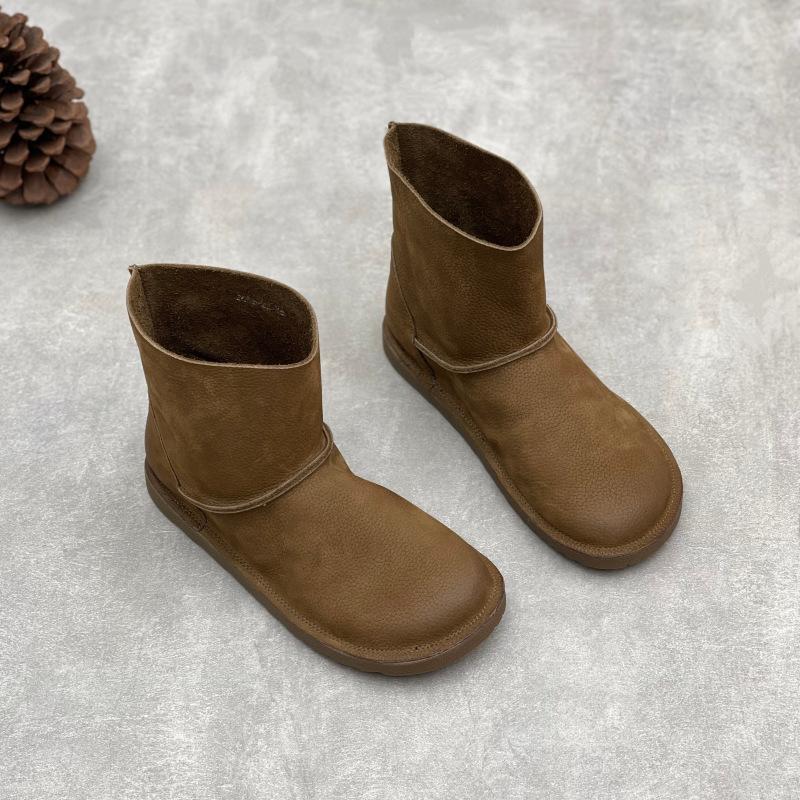 Johnature Retro Handmade Genuine Leather Boots Round Toe And Flat Bottomed Mid-calf Boots