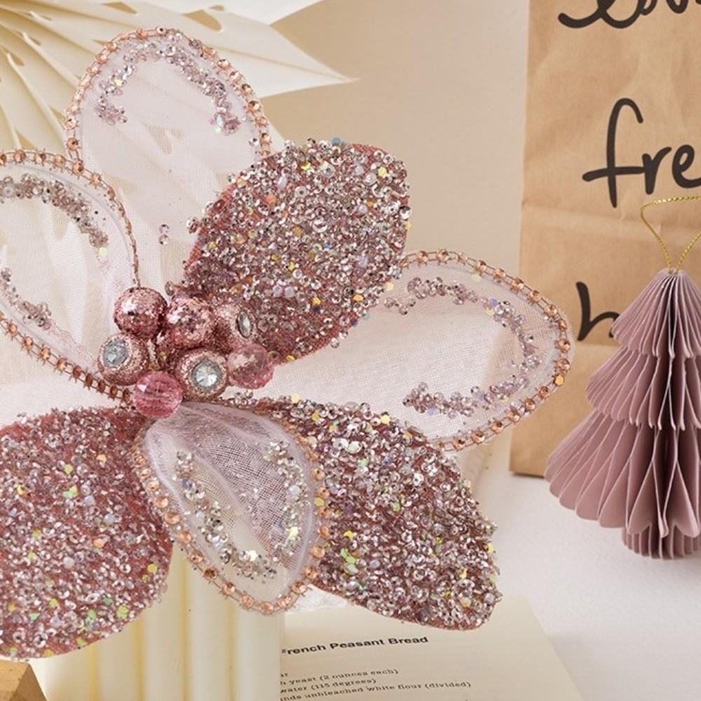 Glitter Artificial Poinsettia Flower Pink Sequins Flower  Christmas Decoration