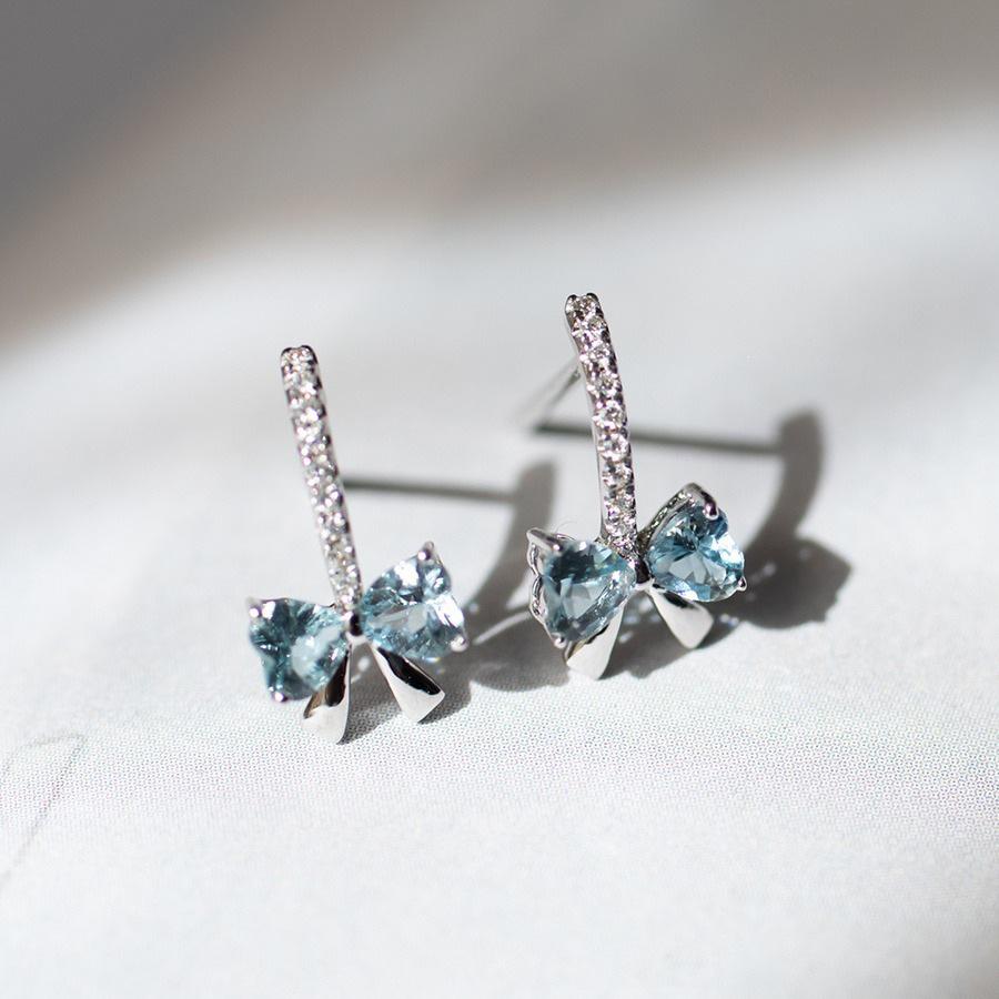 Misty Rain Sterling Silver Aquamarine Zircon Bow Ear Studs 925 Silver