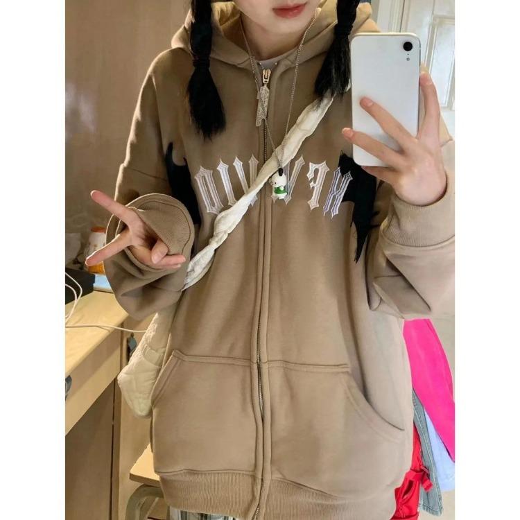 Women Gothic Embroidered Zip Up Hoodie Casual Loose Long Sleeve Sweatshirt Retro Couple Fashion Devil Hooded Autumn Winter