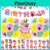 Whimsical Kirby Themed Birthday Party Hanging Flag Decoration Set With Blue Star Aluminum Foil Balloons