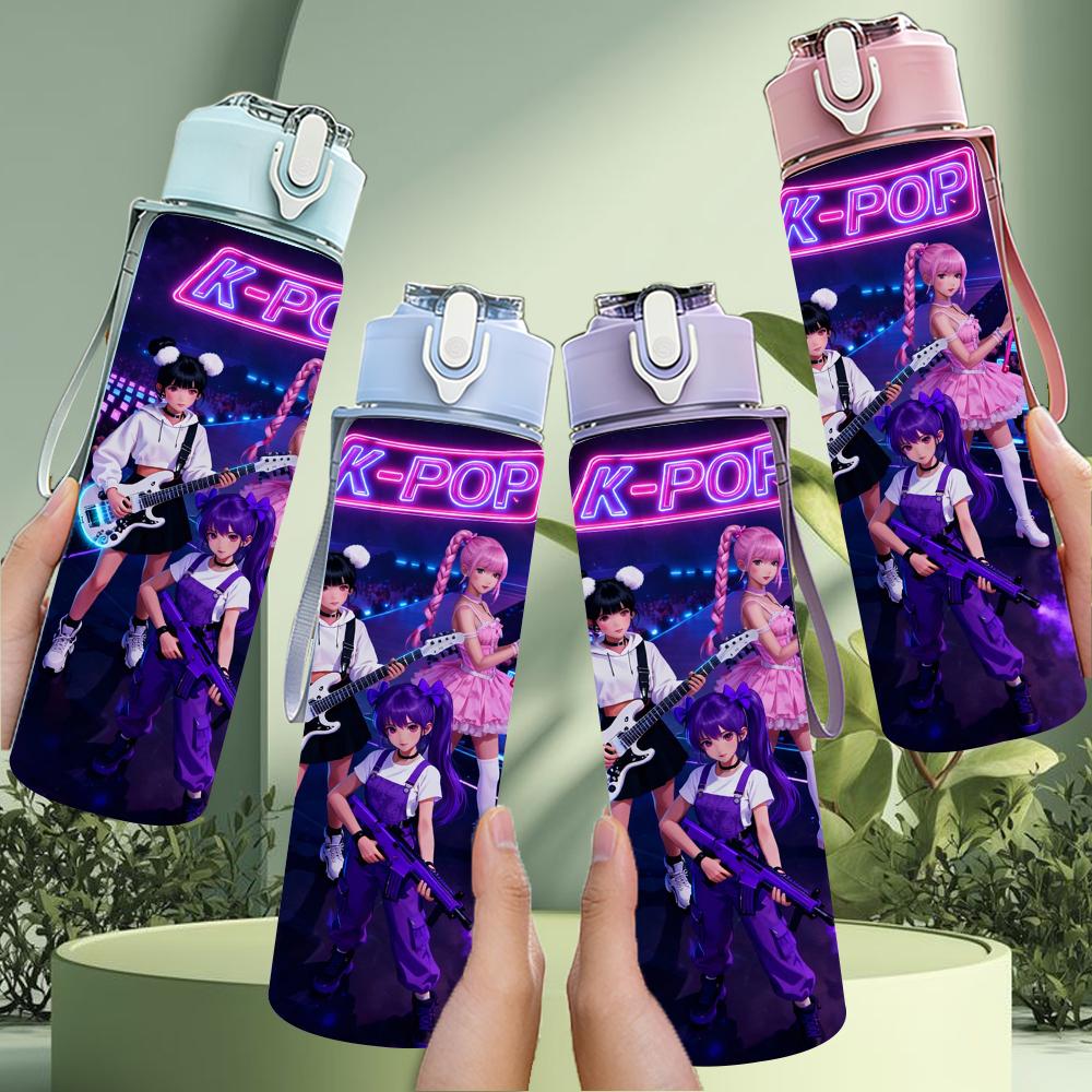 1PC Dark Neon Kpop Girl Live Stage Scene 750ml Color Plastic Water Bottle Leakproof Flip Straw Lid For Sports Office Home Use