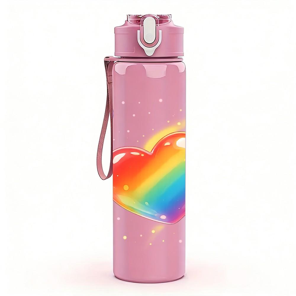 1PC Rainbow Gradient Heart Love Print 750ml Color Plastic Sports Water Bottle Leakproof Flip Straw Lid Suitable for Sports Office Home Use