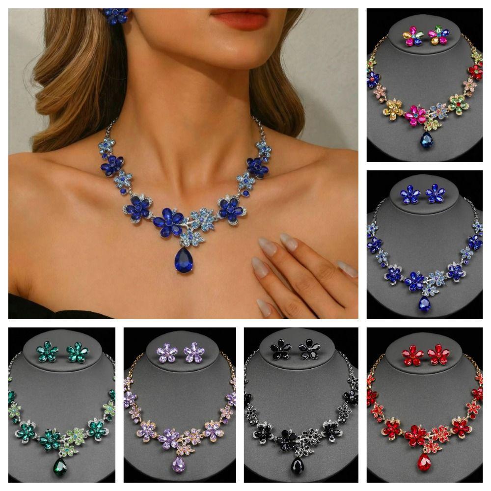 Exquisite Necklace Earrings Set Crystal Flowers Women Jewelry Set Flower Pendant Necklace  Women