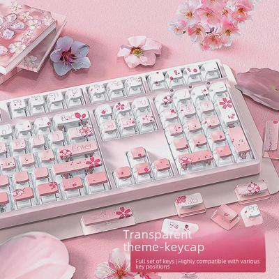 Gradient Pink Cherry Blossom PBT Transparent Personalized Mechanical Keyboard Keycaps 87108