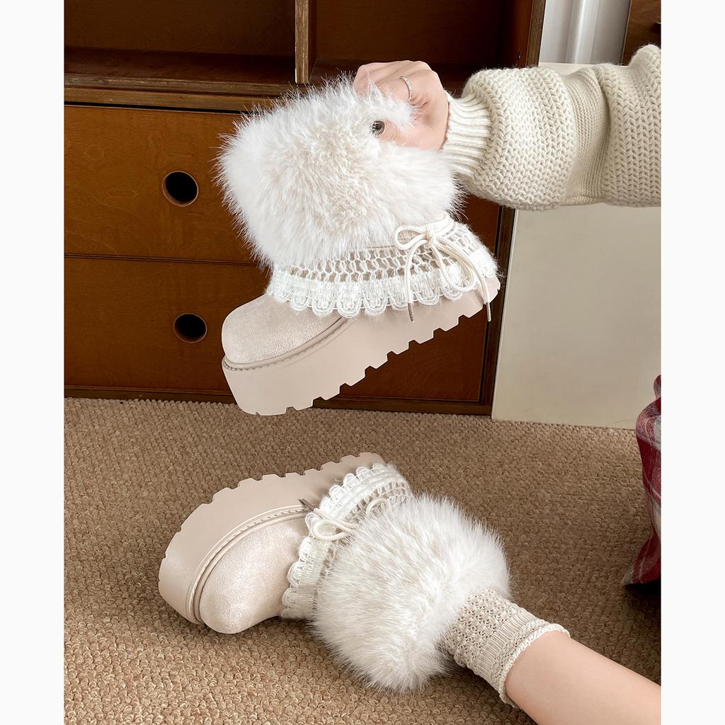 Women's Thick Sole Fuzzy Snow Boots, Lace Decor Autumn Winter Warm Cross-Border Sweet Short Boots