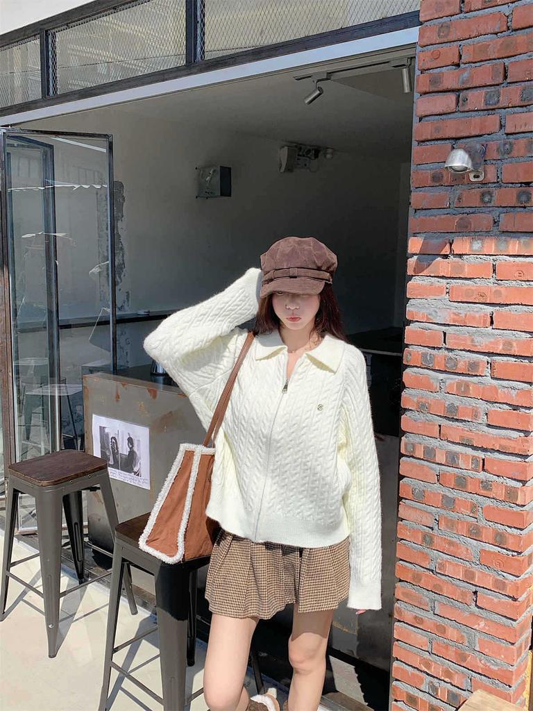 Vintage olo lapel twist zipper sweater cardigan women's autumn and winter college style long-sleeved top jacket