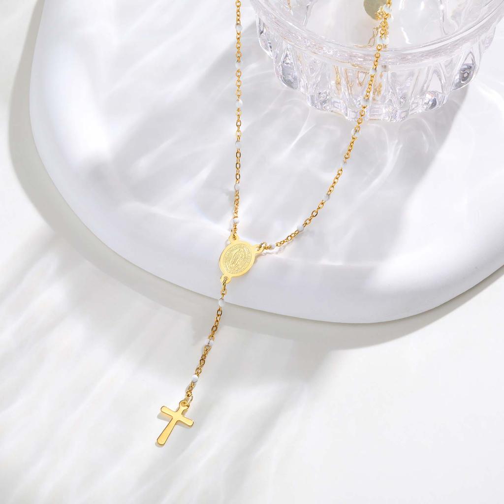 Stainless Steel Rosary Virgin Cross Drop Y-shaped Necklace,Women's White Rice Bead Chain Prayer Necklaces,Exquisite Jewelry Gift