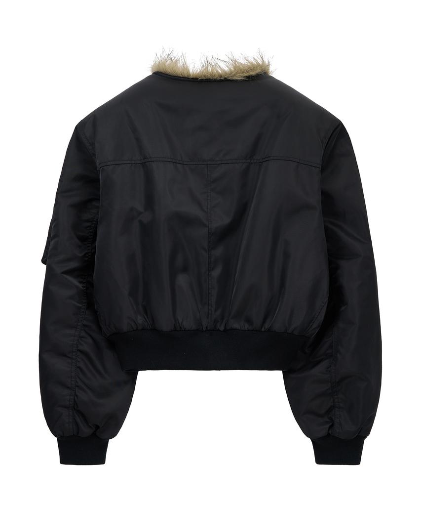 Noirer Shaggy Fur Ma-1 Crop Jacket (Black)
