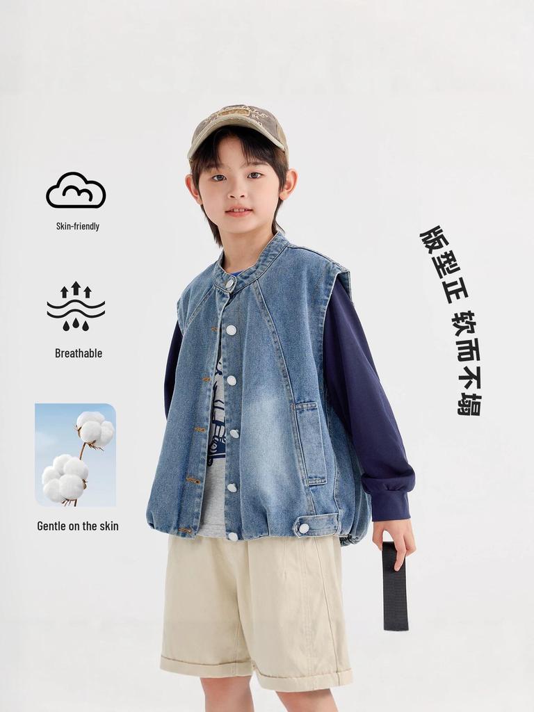 Boys' Korean Style Denim Outdoor Vest - Autumn 2026 Collection, Fashionable & Comfortable Children’s Waistcoat Jacket