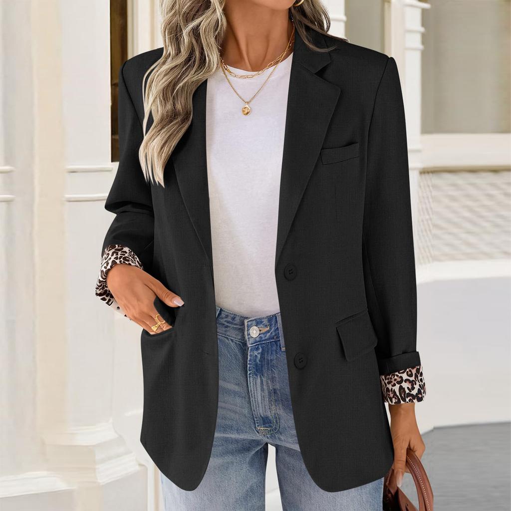 Women’s Long Sleeve Lapel Blazer with Leopard Print Cuffs Single Breasted Button Closure Classic Fit Jacket for Office or Casual Wear