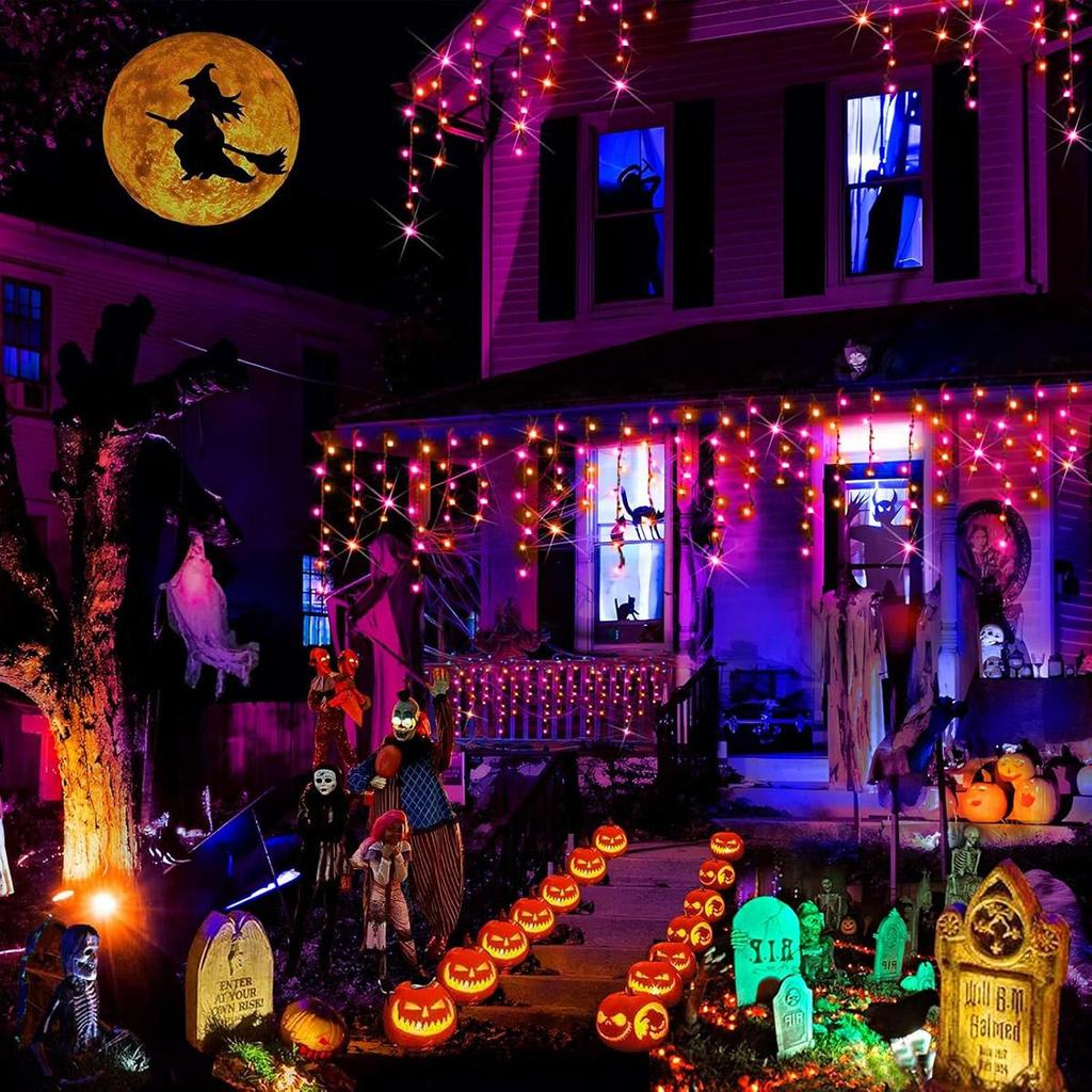 3.5M 105LED IJspegel String Feestverlichting Buiten Oranje+Paars Guirlande Voor Halloween Nieuwjaarsfeest Bruiloft Tuin Terras Decoratie