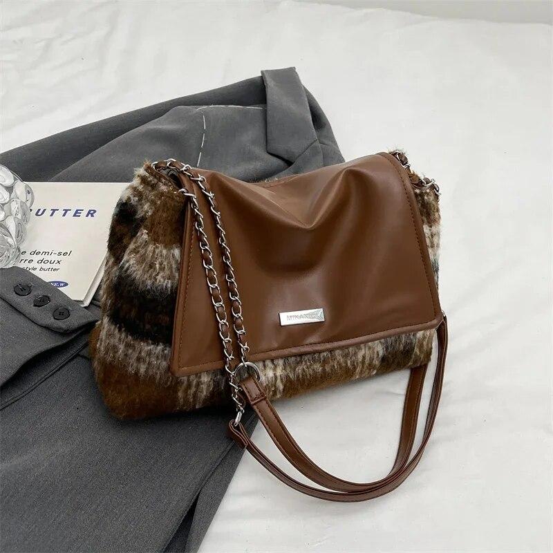 Small Soft Woolen Shoulder Bag for Women 2024 Winter Korean Fashion Female Chain Underarm Bag Handbags and Purses