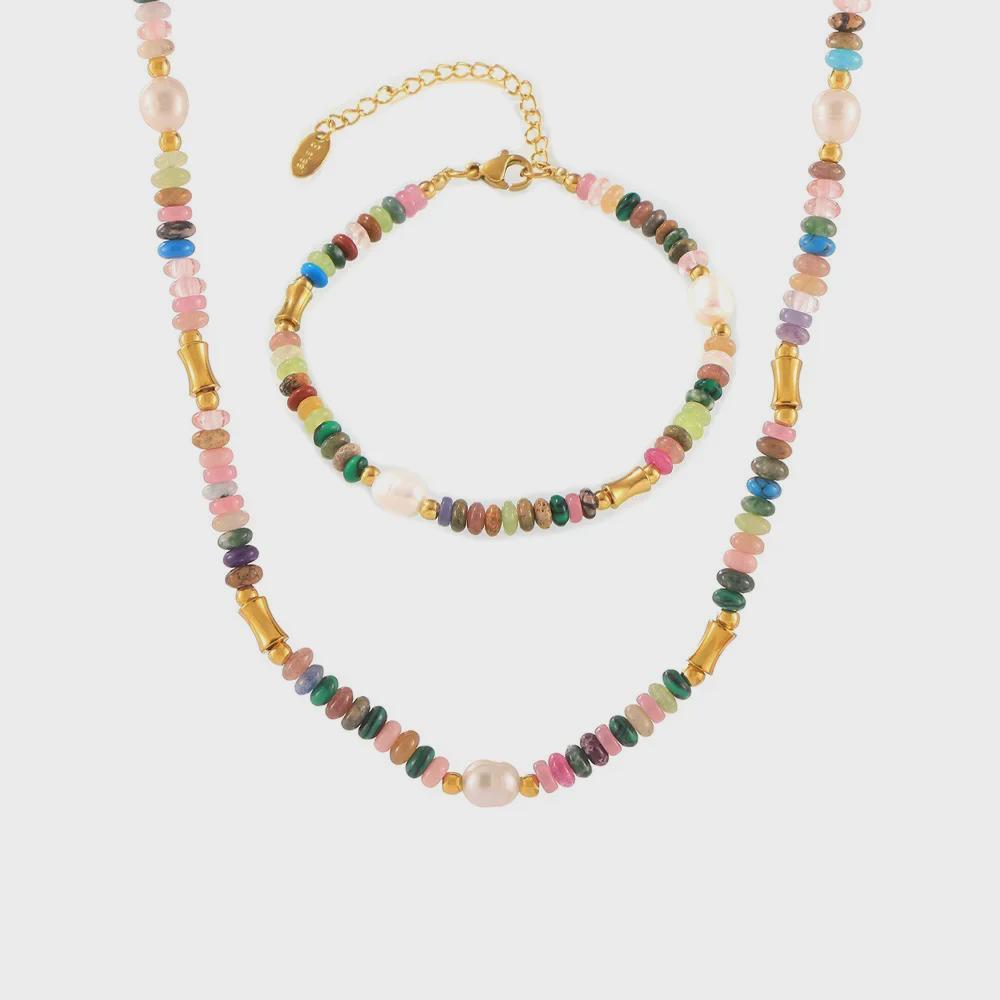 Freshwater Natural Bohemian Pearl Stone Beaded Necklace Bracelet Set
