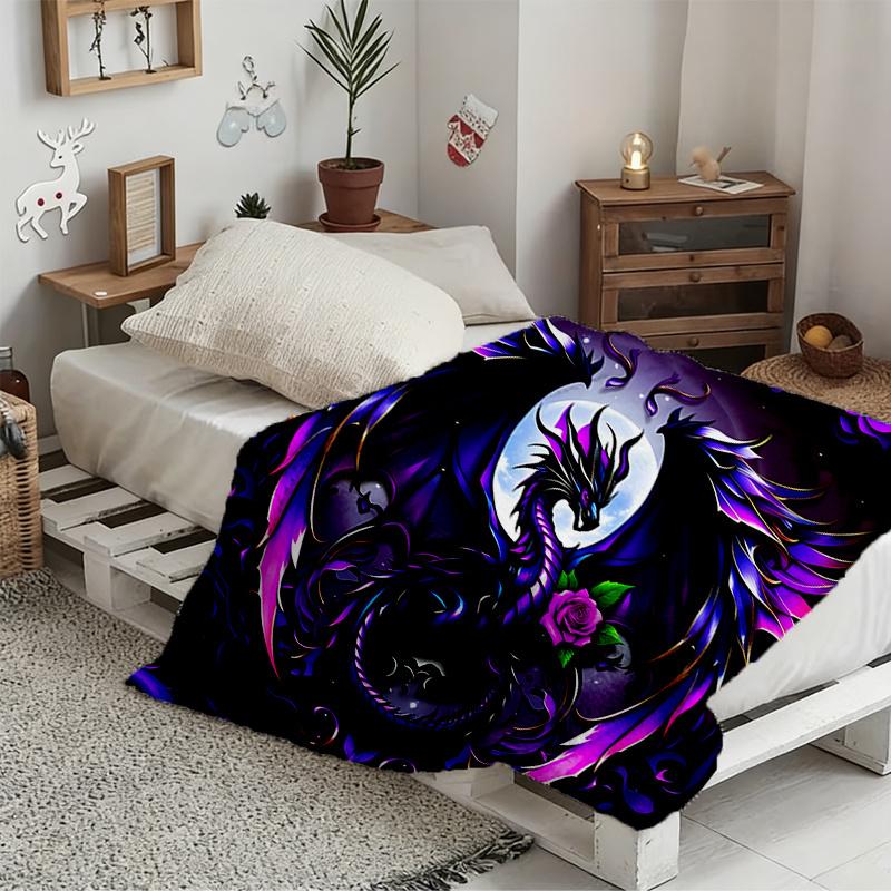 Dragon and Purple Rose Art Pattern Decorative Throw Blanket for Sofa, Bed, Living Room, and Home Decor Styling