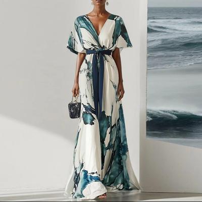 Women's V-Neck Floral Print Maxi Dress with Belt, Short Sleeve, Blue Green Watercolor Pattern, Elegant Casual Wear