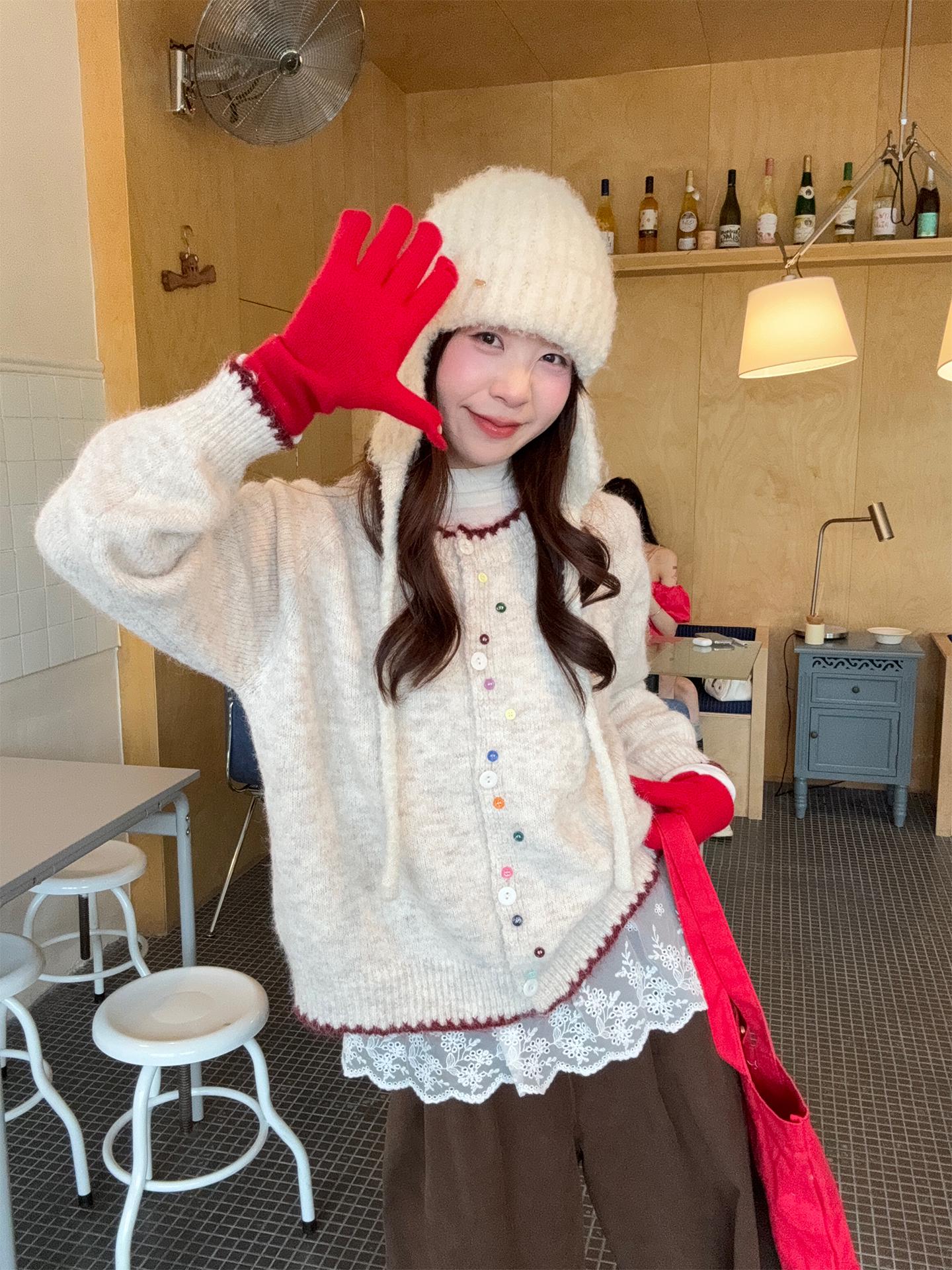 

Gentle Style Women s Autumn Loose Blue-Green Knitted Long Sleeve Cardigan One Size