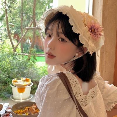 French Rural Style Lolita Straw Hat Ruffle Lace Ribbon Bow Beach Hat With Strap Ribbon Flower Hair Accessories Girl Sun Hat