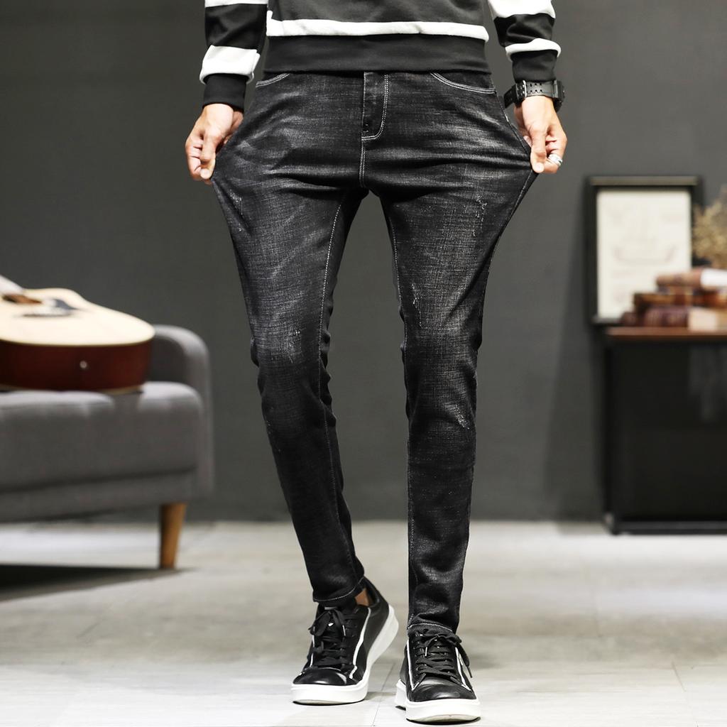 Vår Stretch Jeans Herre Slim Fit Smale Føtter Herrebukser Mote Svart Rett Rør Herrebukser Mote Vårstil