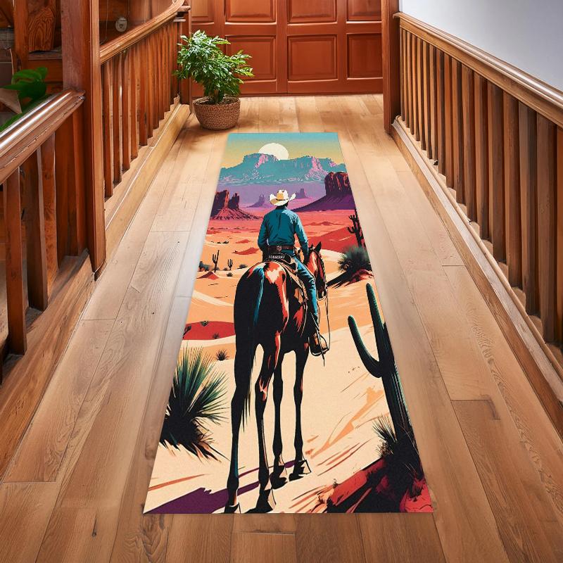 Retro Western Cowboy Long Runner Rug Dynamic Horse Riding Print Durable Wear-resistant Non-slip Carpet for Hallway Entryway