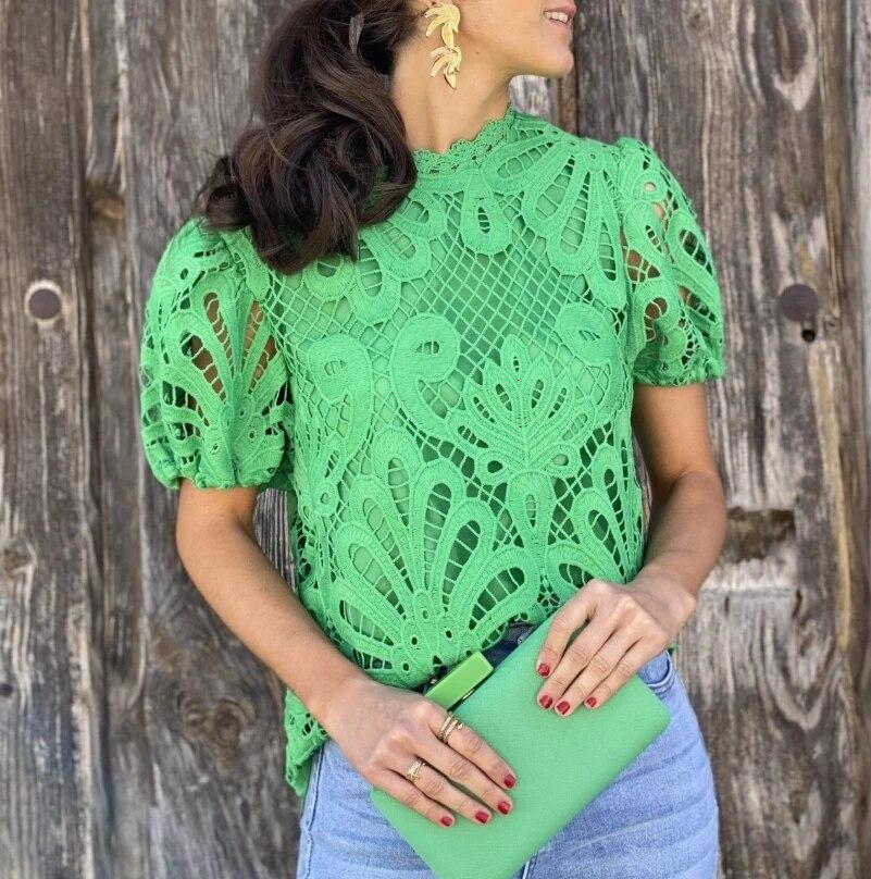 Fashion Embroidered Lace Blouses Shirts Women Casual Puff Sleeve Pullover Lady Summer Vintage O-Neck Blusa Streetwear