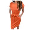 Women's Fashion Summer Color Crewneck Short Sleeve Lace-up Pocket Dress