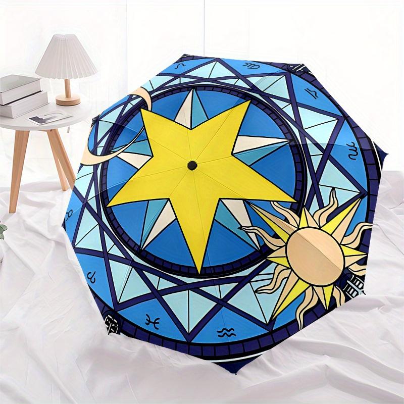 Stained Window Panel with Star, Moon, Sun DesignUmbrella, Portable 3-Fold Umbrella for Men & Women,Christmas Gift ES297