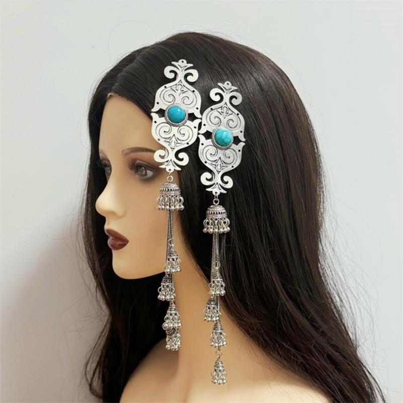 Handmade Mongolian Styles Alloy Tassels Hair Clip Ornament with Vintage Rhinestones Designs for Women Seek Unique Charm