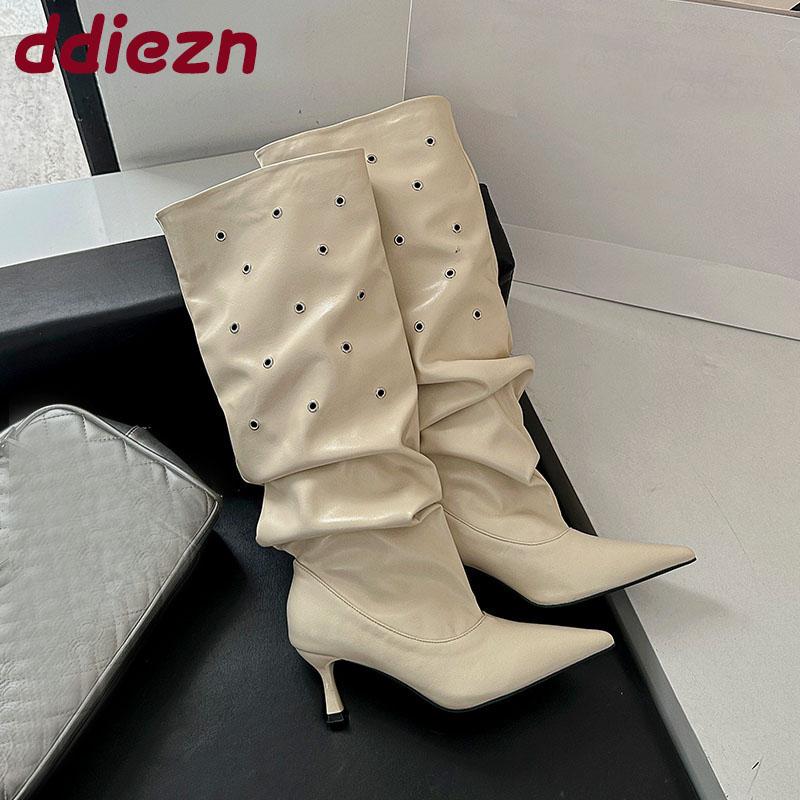 Fashion Modern Women Knee High Boots With Heels Shoes Fashion Pointed Toe Party Ladies Long Boots Slip On Shoes Female Pumps