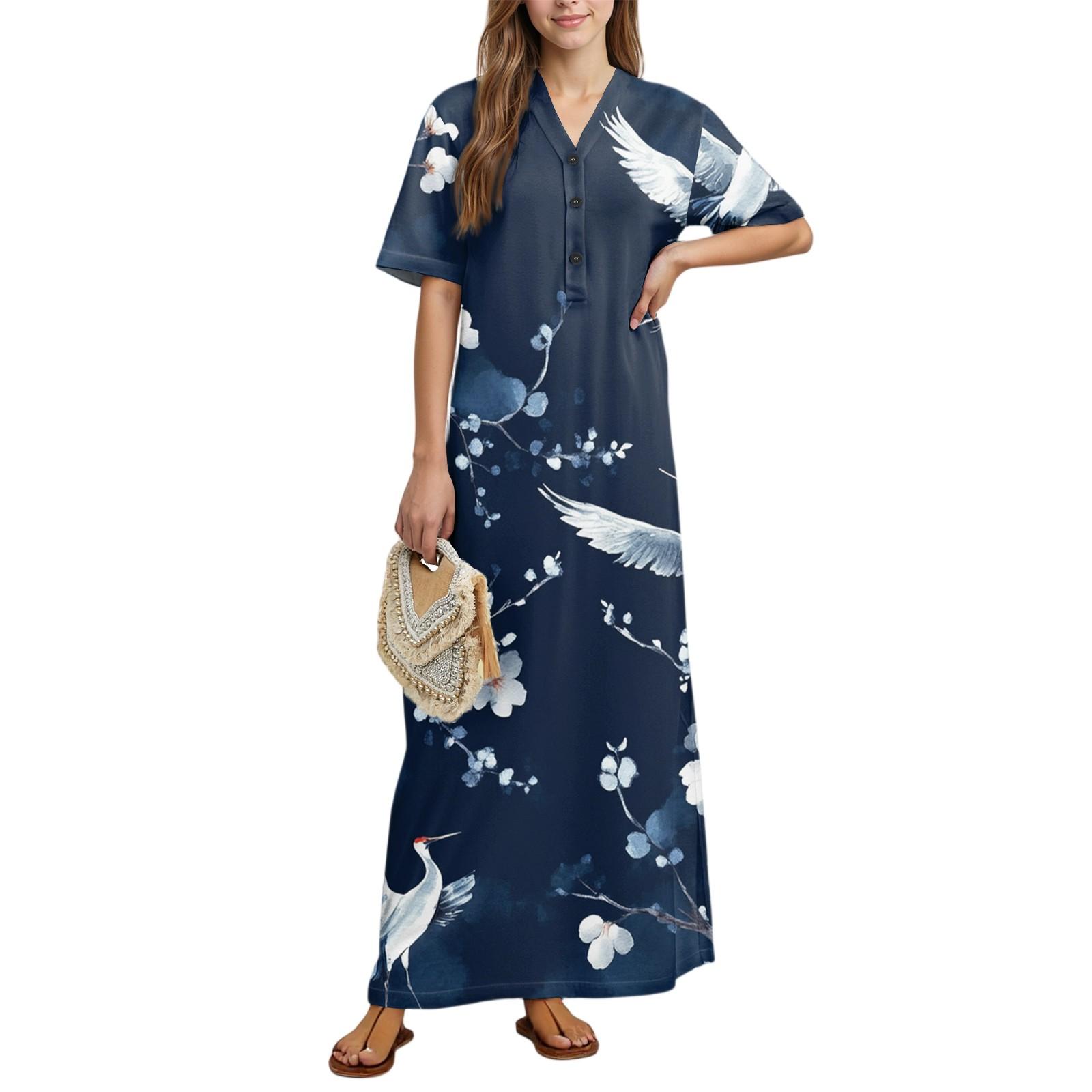 

Женская мода принт ночная рубашка домашняя одежда короткий рукав ночная рубашка с карманами длинное платье M тёмно-синий