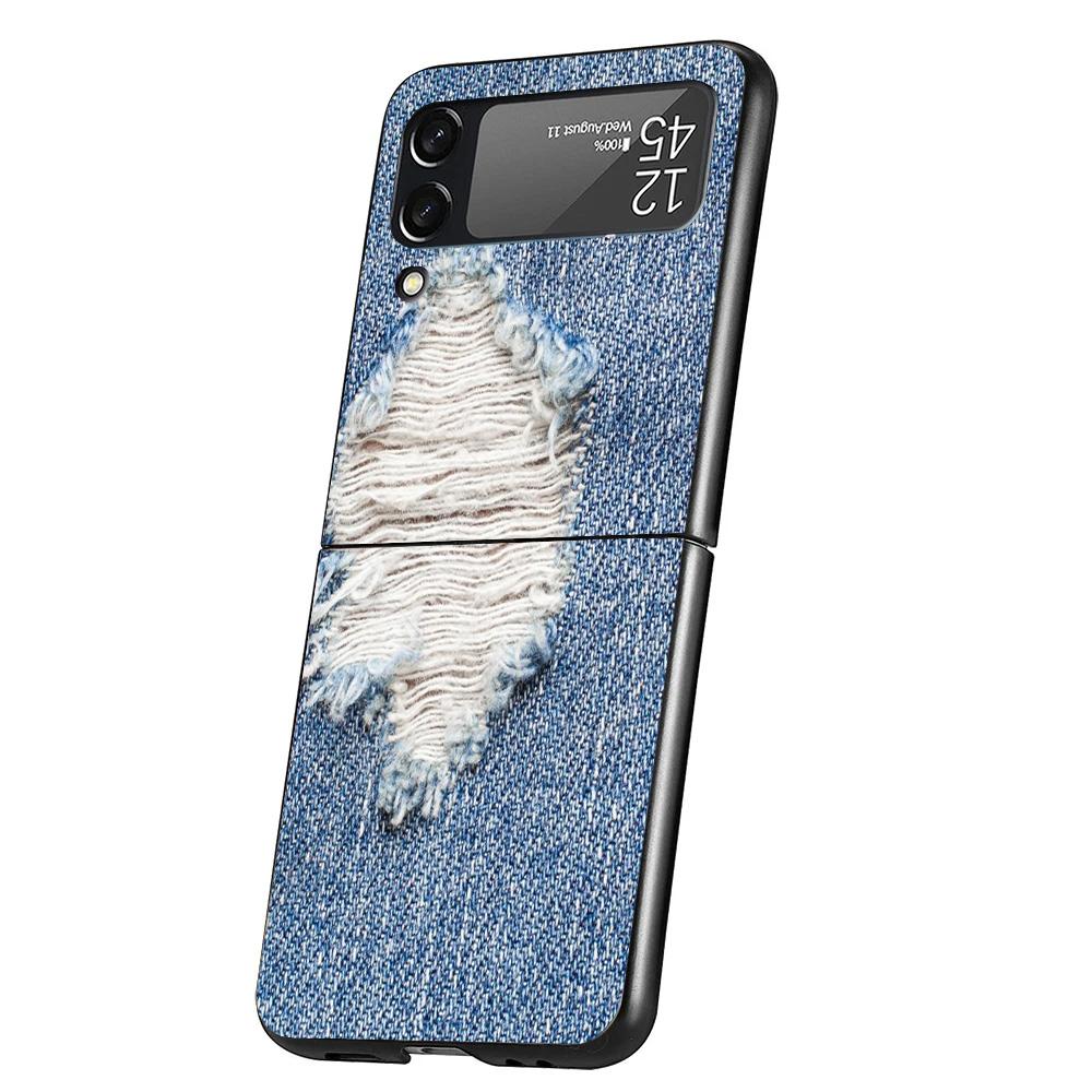 Jeans Cowboy Denim Printed Case Phone Cover for Samsung Galaxy Z Flip 6 5 4 3 5G ZFlip6 ZFlip5 ZFlip4 ZFlip3 Black Hard Trend Fu