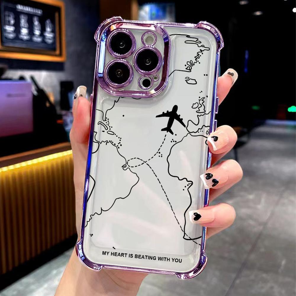 Travel Airplane Route Design Plating Phone Case For vivo Y39 Y29 V40 Y38 Y200i Y03 Y200 V29e V27 Y17s Y78 Y36 Y27 Lite Pro 4G 5G