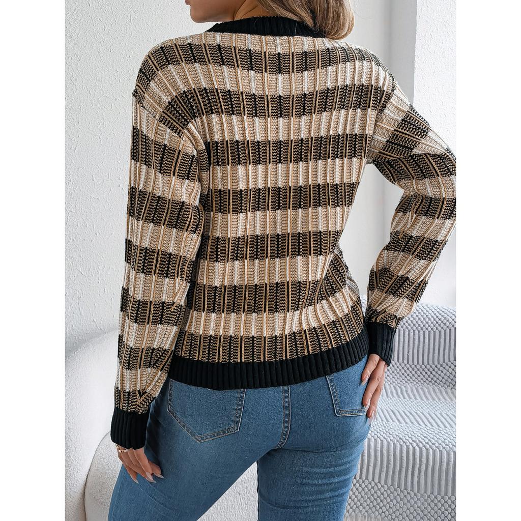 QICED Autumn Winter Round-neck Retro Striped Lantern Long-sleeved Pullover Sweater Women's Wear