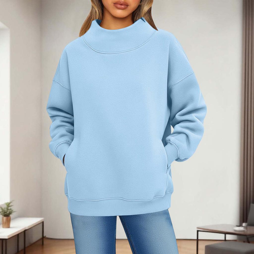 Women's Fashionable Casual Solid Color Round Neck Long Sleeved Pocket Sports Casual Pullover Sweatshirt Top