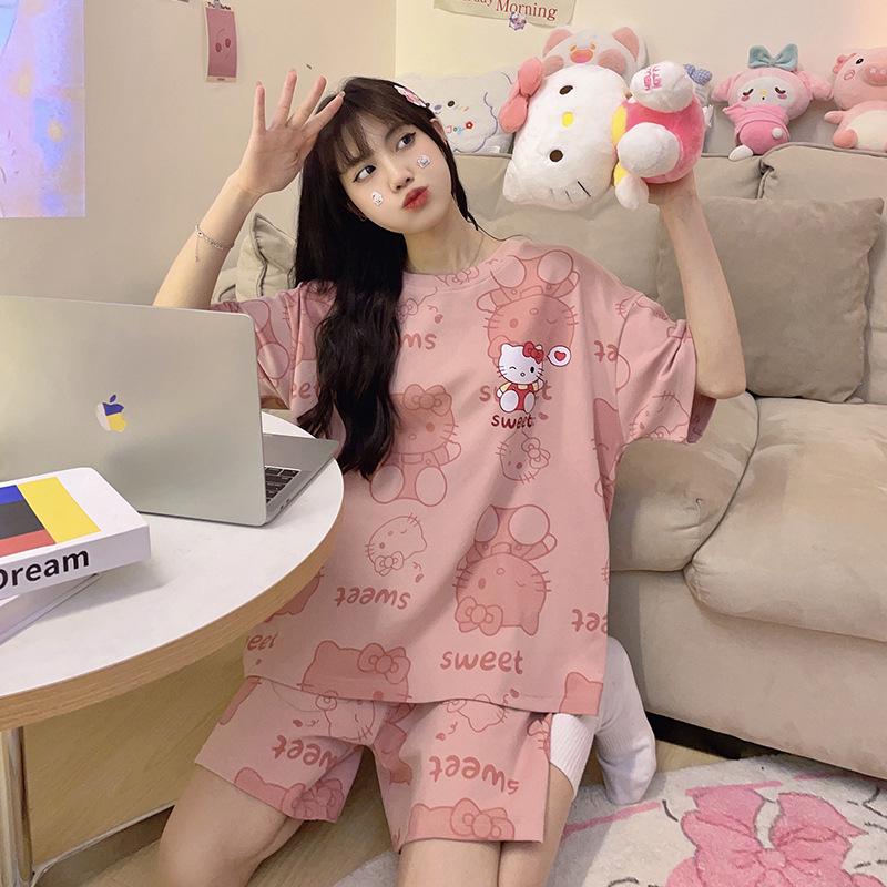 Summer Sweet Korean Style Pink Milk Silk Ribbed Camisole Pajamas for Women