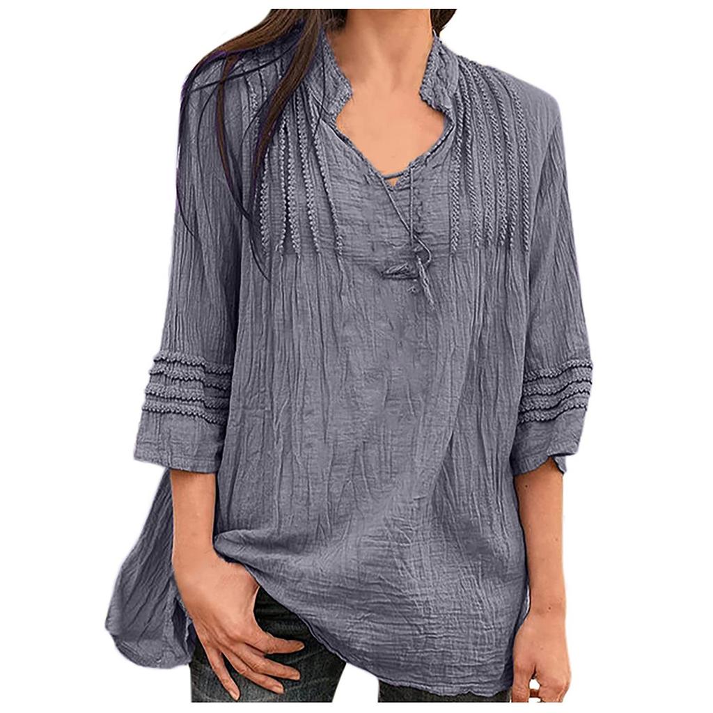 Women Flared Sleeve Tops Solid V-Neck Lace Splicing Fold Three Quarter Sleeve
