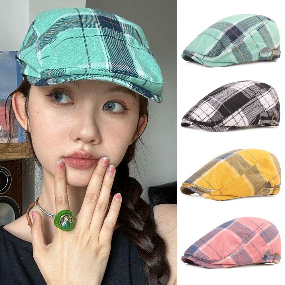 Cotton Lattice Sun Hat Dopamine Style Flat Peaked Cap Elegant Plaid Beret Hat  Travel